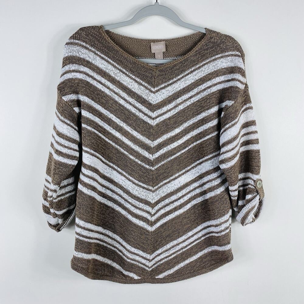 Chico's Sweater Medium 1 8 Brown White Chevron Stripe 3/4 Sleeve Pullover